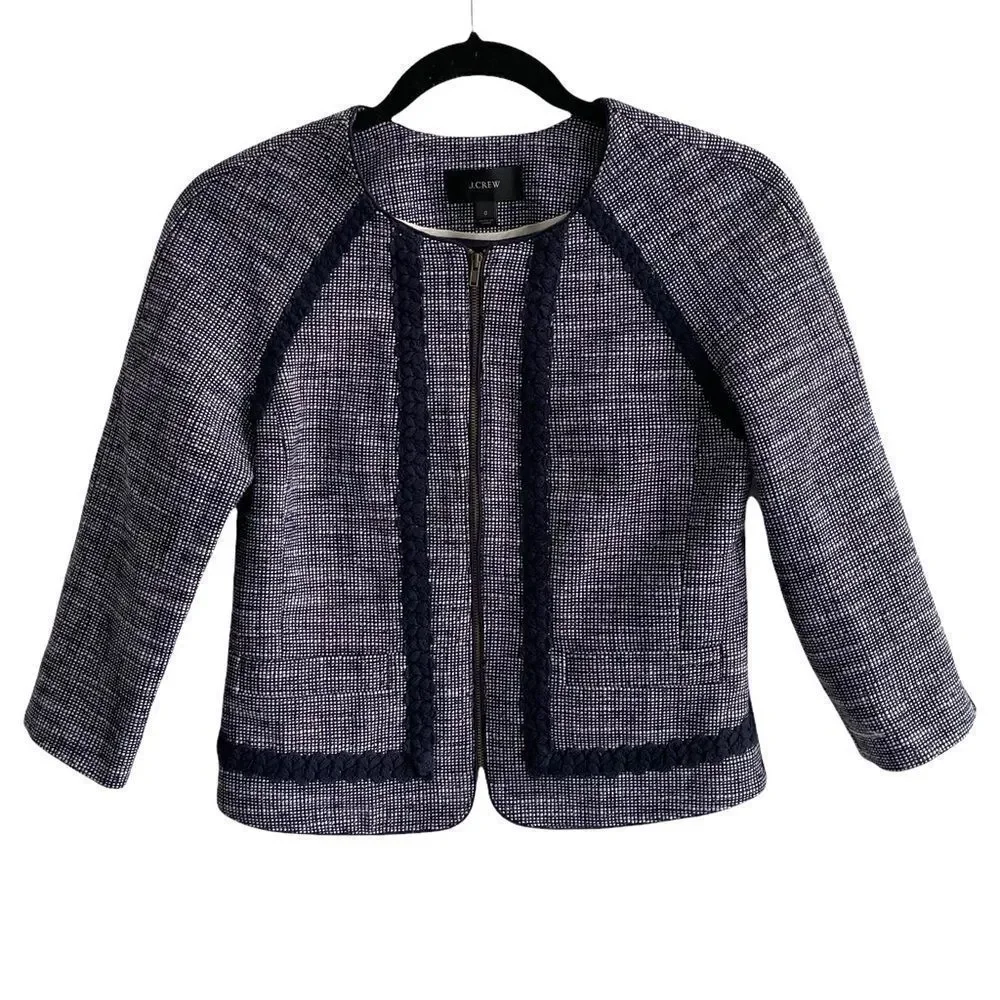 J. CREW Navy Blue Tweed Cropped Collarless Zip Front Blazer Jacket 0